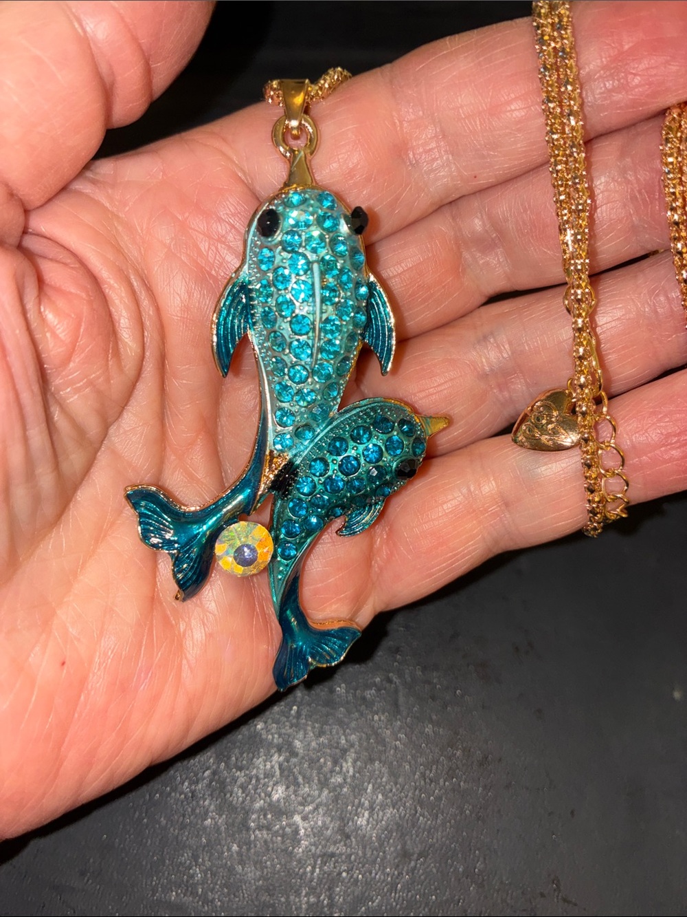 Gold-Tone Turquoise Crystal Dolphin Duo